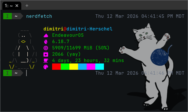 WezTerm window showing nerdfetch with the MultiMC cat in the background.
